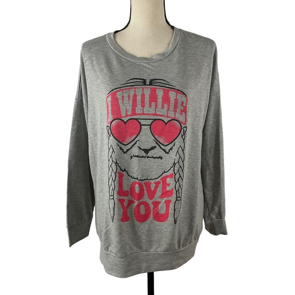 ZUTTER GRAY FRENCH TERRY "I WILLIE LOVE YOU" LONG SLEEVE TUNIC TOP LARGE - Picture 1 of 10